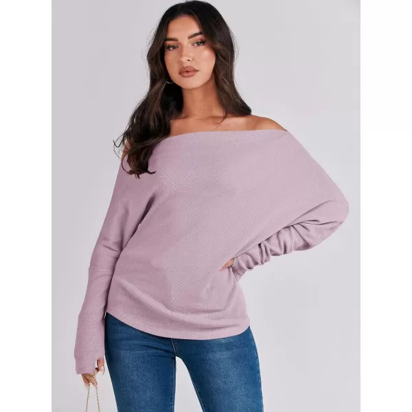 imageANRABESS Womens Casual Off The Shoulder Long Batwing Sleeve Waffle Knit Shirt Pullover Sweater Tunic TopLight Purple
