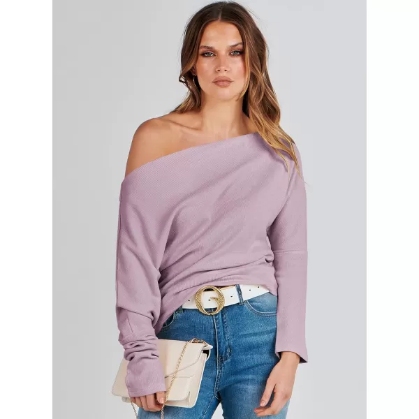 imageANRABESS Womens Casual Off The Shoulder Long Batwing Sleeve Waffle Knit Shirt Pullover Sweater Tunic TopLight Purple