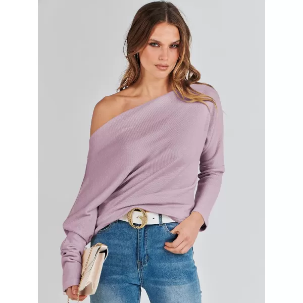 imageANRABESS Womens Casual Off The Shoulder Long Batwing Sleeve Waffle Knit Shirt Pullover Sweater Tunic TopLight Purple