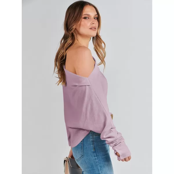 imageANRABESS Womens Casual Off The Shoulder Long Batwing Sleeve Waffle Knit Shirt Pullover Sweater Tunic TopLight Purple