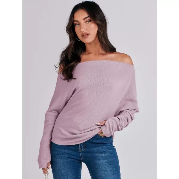 imageANRABESS Womens Casual Off The Shoulder Long Batwing Sleeve Waffle Knit Shirt Pullover Sweater Tunic TopLight Purple