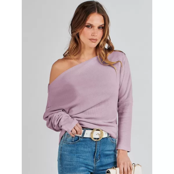 imageANRABESS Womens Casual Off The Shoulder Long Batwing Sleeve Waffle Knit Shirt Pullover Sweater Tunic TopLight Purple
