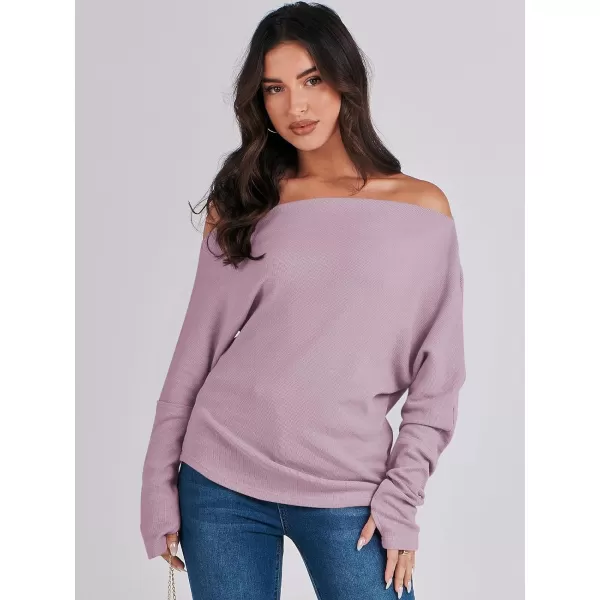 imageANRABESS Womens Casual Off The Shoulder Long Batwing Sleeve Waffle Knit Shirt Pullover Sweater Tunic TopLight Purple
