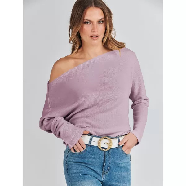 imageANRABESS Womens Casual Off The Shoulder Long Batwing Sleeve Waffle Knit Shirt Pullover Sweater Tunic TopLight Purple