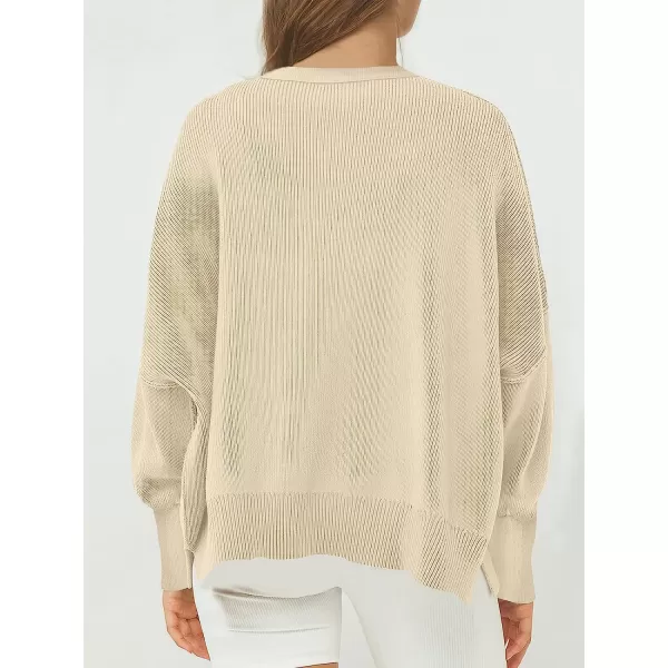imageANRABESS Womens Casual Oversized Sweater V Neck Batwing Sleeve Side Slit Ribbed Knit Pullover Top 2023 Winter ClothesApricot
