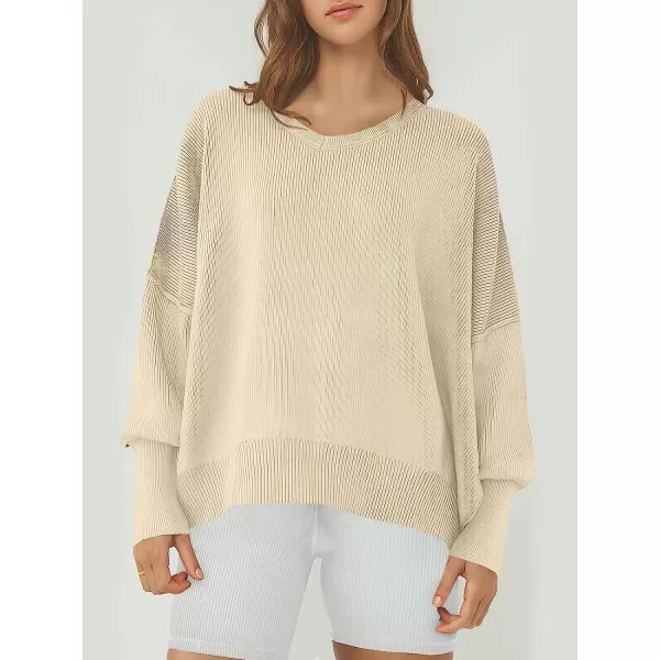 imageANRABESS Womens Casual Oversized Sweater V Neck Batwing Sleeve Side Slit Ribbed Knit Pullover Top 2023 Winter ClothesApricot