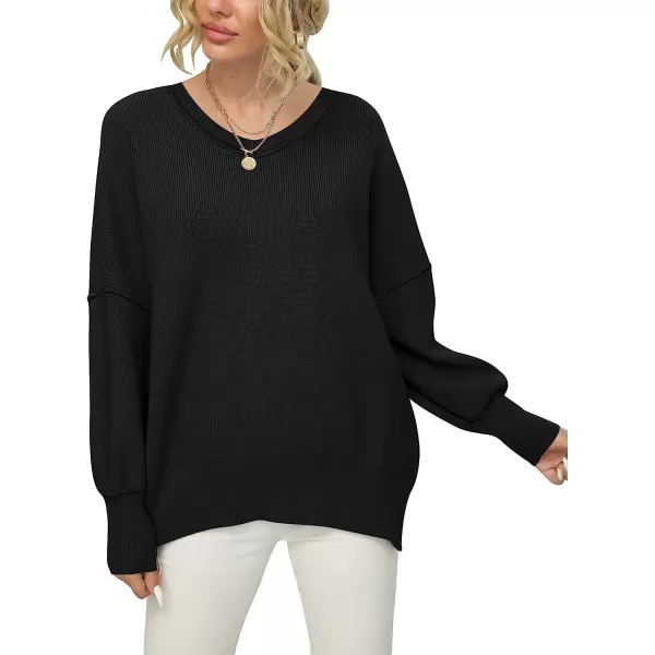 imageANRABESS Womens Casual Oversized Sweater V Neck Batwing Sleeve Side Slit Ribbed Knit Pullover Top 2023 Winter ClothesBlack