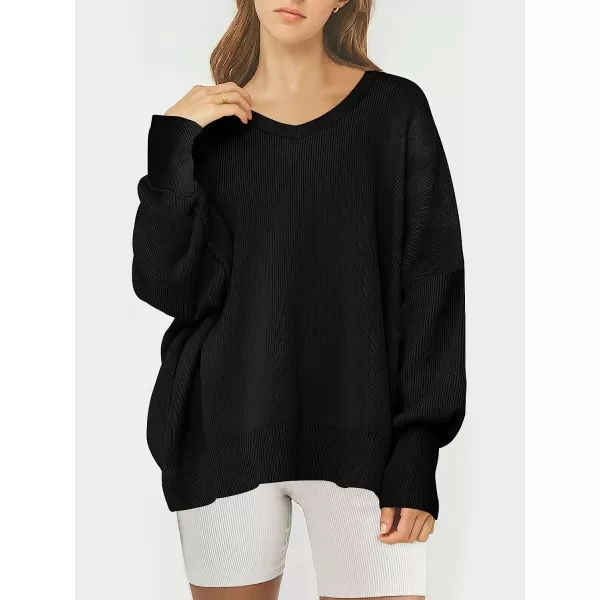 imageANRABESS Womens Casual Oversized Sweater V Neck Batwing Sleeve Side Slit Ribbed Knit Pullover Top 2023 Winter ClothesBlack