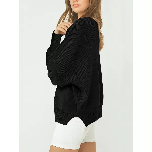imageANRABESS Womens Casual Oversized Sweater V Neck Batwing Sleeve Side Slit Ribbed Knit Pullover Top 2023 Winter ClothesBlack