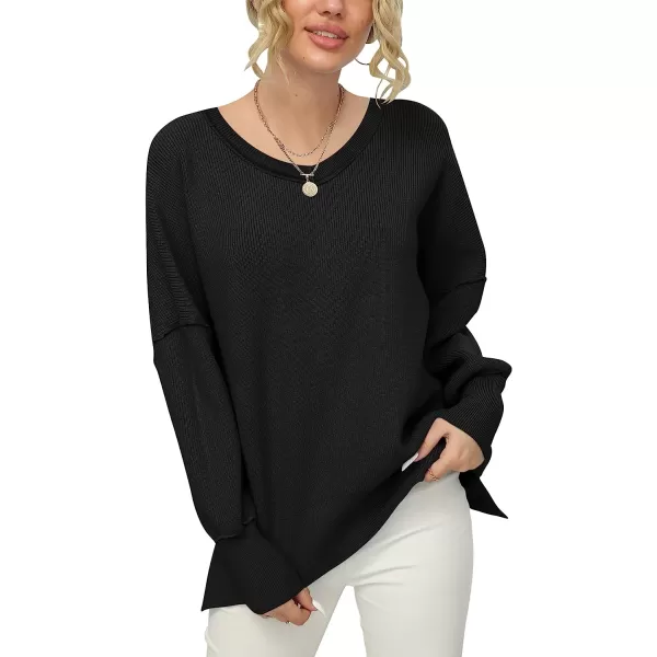 imageANRABESS Womens Casual Oversized Sweater V Neck Batwing Sleeve Side Slit Ribbed Knit Pullover Top 2023 Winter ClothesBlack