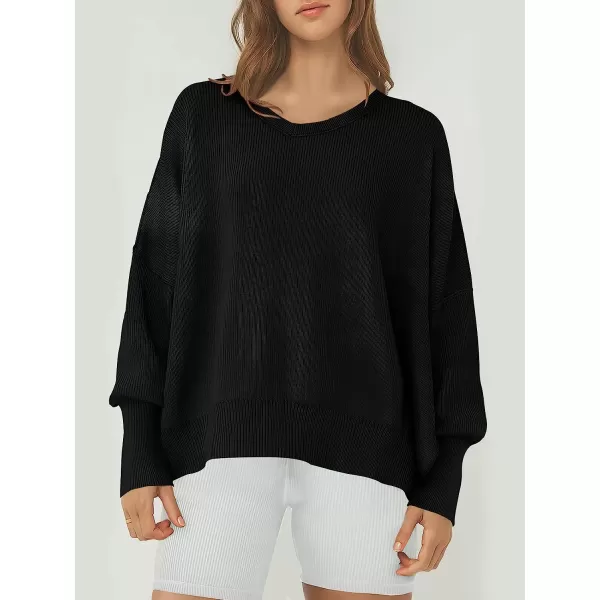 imageANRABESS Womens Casual Oversized Sweater V Neck Batwing Sleeve Side Slit Ribbed Knit Pullover Top 2023 Winter ClothesBlack