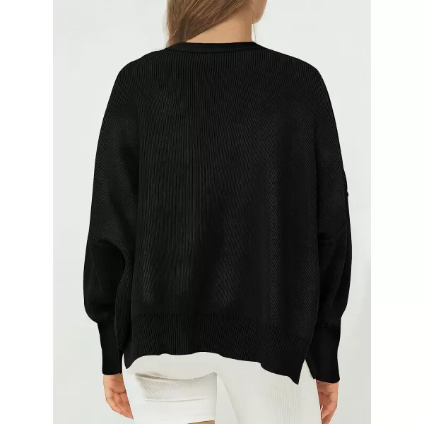 imageANRABESS Womens Casual Oversized Sweater V Neck Batwing Sleeve Side Slit Ribbed Knit Pullover Top 2023 Winter ClothesBlack