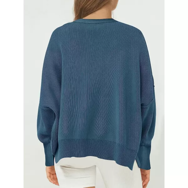 imageANRABESS Womens Casual Oversized Sweater V Neck Batwing Sleeve Side Slit Ribbed Knit Pullover Top 2023 Winter ClothesBlue