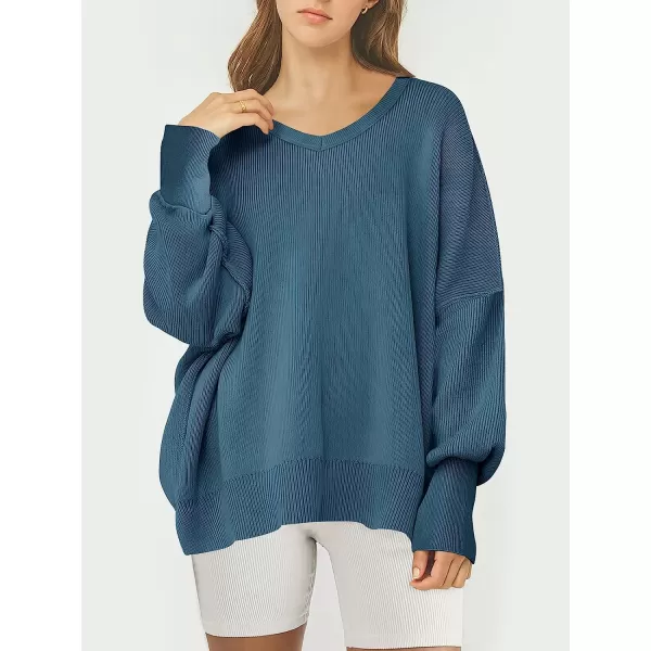 imageANRABESS Womens Casual Oversized Sweater V Neck Batwing Sleeve Side Slit Ribbed Knit Pullover Top 2023 Winter ClothesBlue