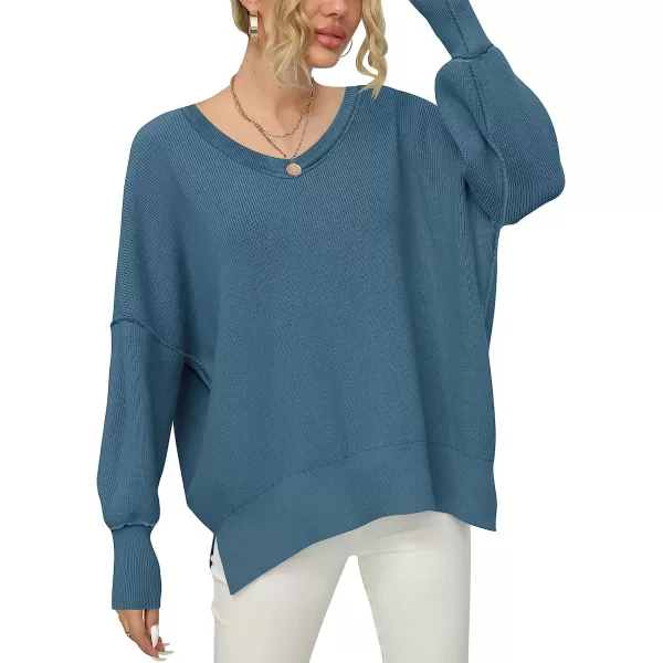imageANRABESS Womens Casual Oversized Sweater V Neck Batwing Sleeve Side Slit Ribbed Knit Pullover Top 2023 Winter ClothesBlue