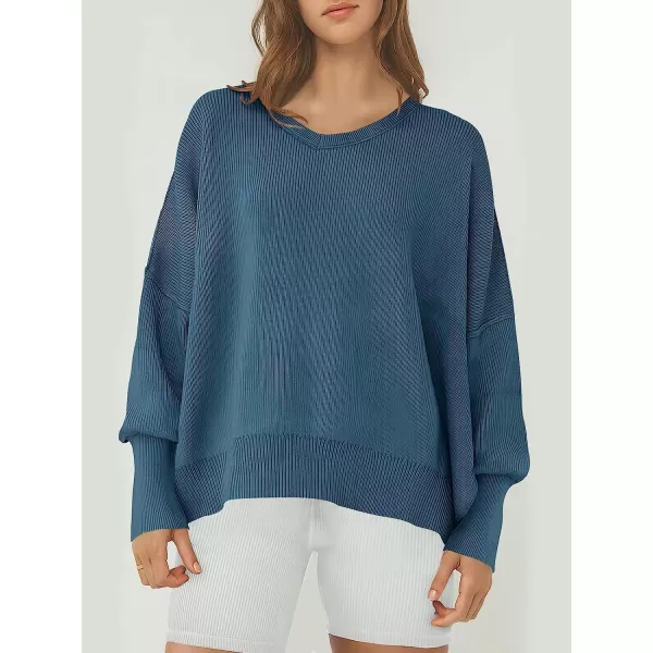 imageANRABESS Womens Casual Oversized Sweater V Neck Batwing Sleeve Side Slit Ribbed Knit Pullover Top 2023 Winter ClothesBlue