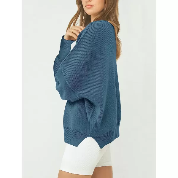 imageANRABESS Womens Casual Oversized Sweater V Neck Batwing Sleeve Side Slit Ribbed Knit Pullover Top 2023 Winter ClothesBlue