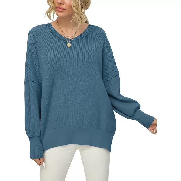imageANRABESS Womens Casual Oversized Sweater V Neck Batwing Sleeve Side Slit Ribbed Knit Pullover Top 2023 Winter ClothesBlue