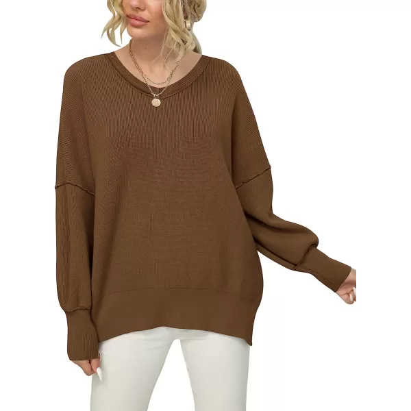 imageANRABESS Womens Casual Oversized Sweater V Neck Batwing Sleeve Side Slit Ribbed Knit Pullover Top 2023 Winter ClothesCoffee