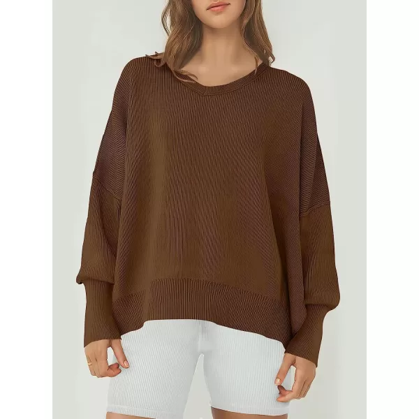 imageANRABESS Womens Casual Oversized Sweater V Neck Batwing Sleeve Side Slit Ribbed Knit Pullover Top 2023 Winter ClothesCoffee