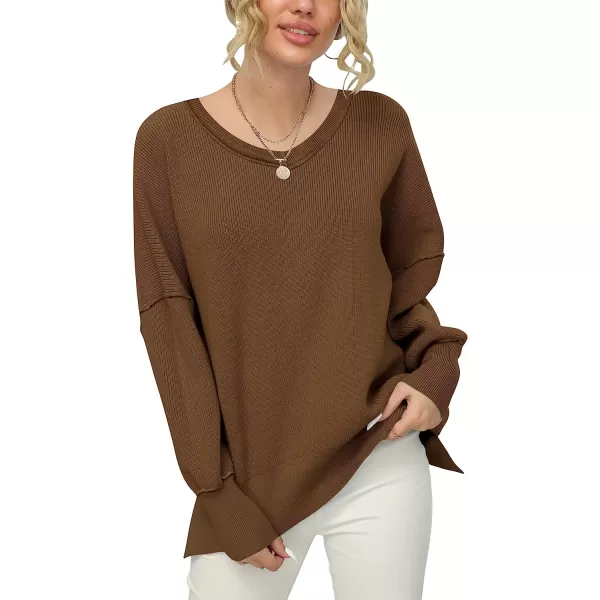 imageANRABESS Womens Casual Oversized Sweater V Neck Batwing Sleeve Side Slit Ribbed Knit Pullover Top 2023 Winter ClothesCoffee