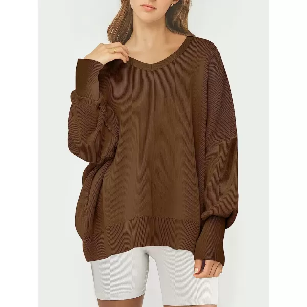 imageANRABESS Womens Casual Oversized Sweater V Neck Batwing Sleeve Side Slit Ribbed Knit Pullover Top 2023 Winter ClothesCoffee