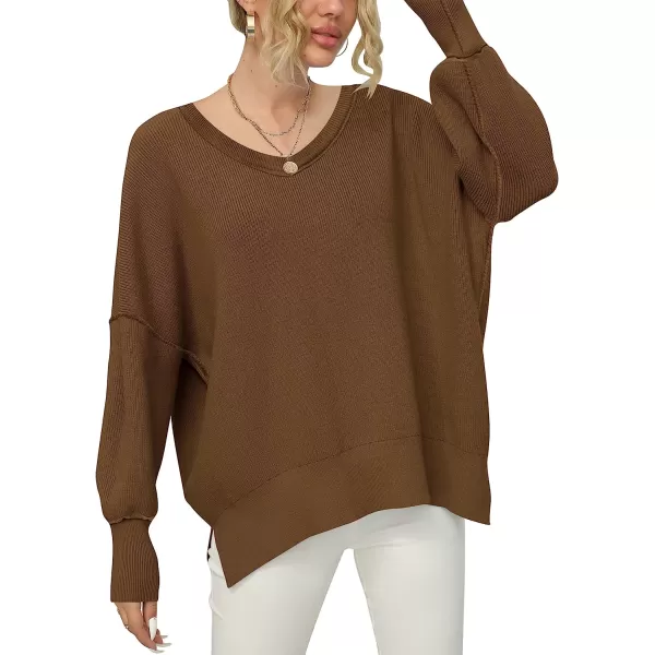 imageANRABESS Womens Casual Oversized Sweater V Neck Batwing Sleeve Side Slit Ribbed Knit Pullover Top 2023 Winter ClothesCoffee