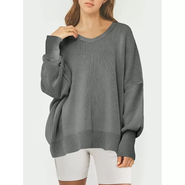 imageANRABESS Womens Casual Oversized Sweater V Neck Batwing Sleeve Side Slit Ribbed Knit Pullover Top 2023 Winter ClothesDeep Gray