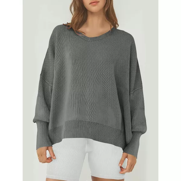 imageANRABESS Womens Casual Oversized Sweater V Neck Batwing Sleeve Side Slit Ribbed Knit Pullover Top 2023 Winter ClothesDeep Gray