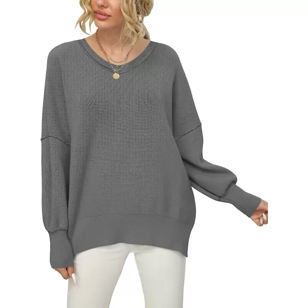 imageANRABESS Womens Casual Oversized Sweater V Neck Batwing Sleeve Side Slit Ribbed Knit Pullover Top 2023 Winter ClothesDeep Gray