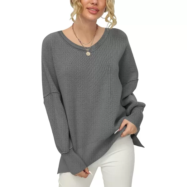 imageANRABESS Womens Casual Oversized Sweater V Neck Batwing Sleeve Side Slit Ribbed Knit Pullover Top 2023 Winter ClothesDeep Gray