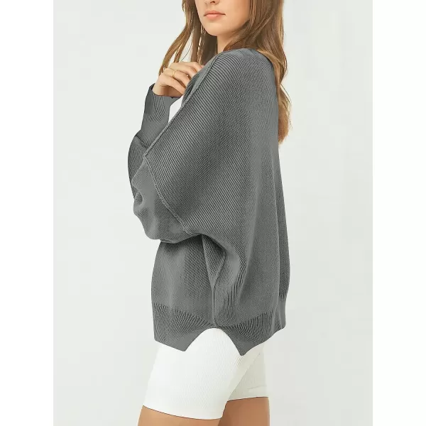 imageANRABESS Womens Casual Oversized Sweater V Neck Batwing Sleeve Side Slit Ribbed Knit Pullover Top 2023 Winter ClothesDeep Gray