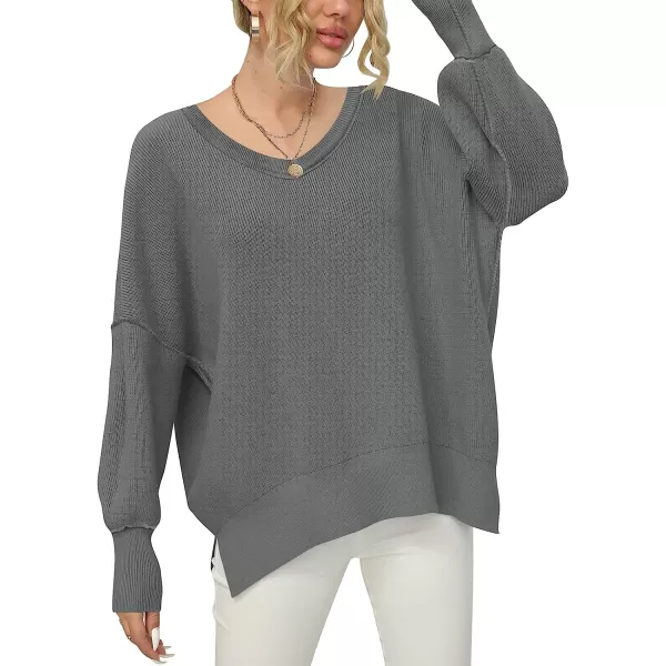 imageANRABESS Womens Casual Oversized Sweater V Neck Batwing Sleeve Side Slit Ribbed Knit Pullover Top 2023 Winter ClothesDeep Gray