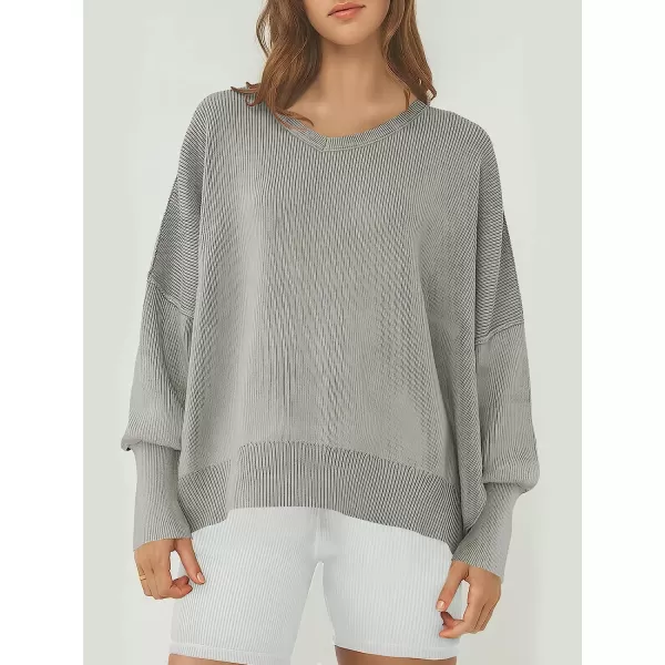 imageANRABESS Womens Casual Oversized Sweater V Neck Batwing Sleeve Side Slit Ribbed Knit Pullover Top 2023 Winter ClothesGray