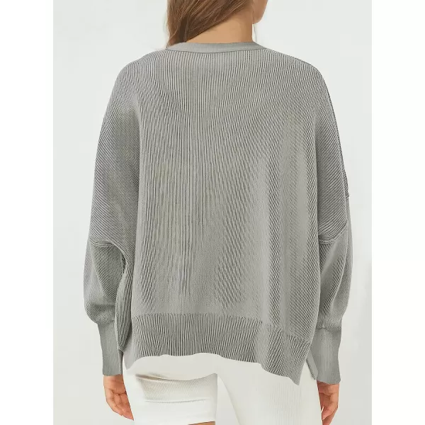 imageANRABESS Womens Casual Oversized Sweater V Neck Batwing Sleeve Side Slit Ribbed Knit Pullover Top 2023 Winter ClothesGray