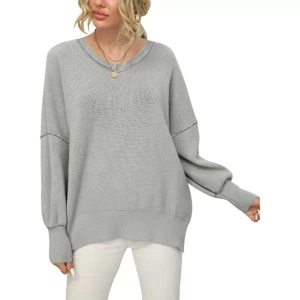 imageANRABESS Womens Casual Oversized Sweater V Neck Batwing Sleeve Side Slit Ribbed Knit Pullover Top 2023 Winter ClothesGray