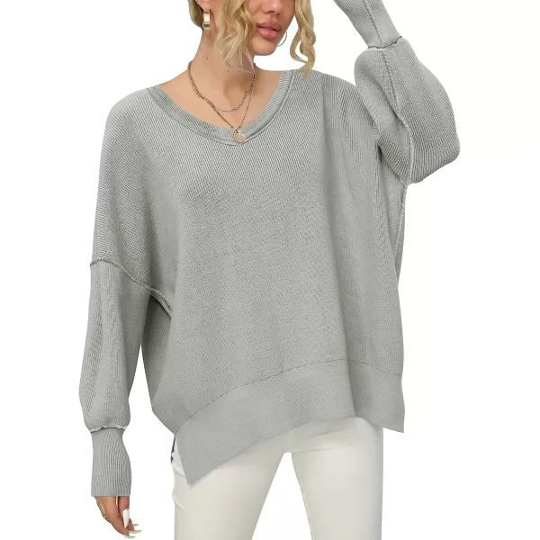 imageANRABESS Womens Casual Oversized Sweater V Neck Batwing Sleeve Side Slit Ribbed Knit Pullover Top 2023 Winter ClothesGray