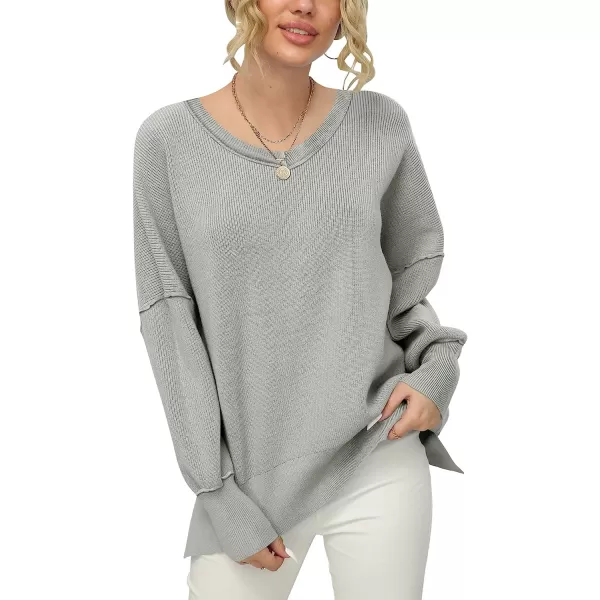 imageANRABESS Womens Casual Oversized Sweater V Neck Batwing Sleeve Side Slit Ribbed Knit Pullover Top 2023 Winter ClothesGray