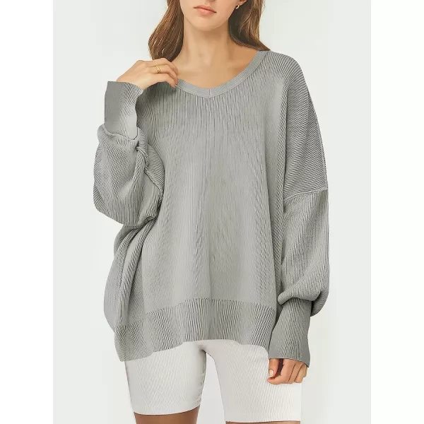 imageANRABESS Womens Casual Oversized Sweater V Neck Batwing Sleeve Side Slit Ribbed Knit Pullover Top 2023 Winter ClothesGray