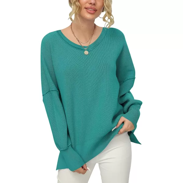 imageANRABESS Womens Casual Oversized Sweater V Neck Batwing Sleeve Side Slit Ribbed Knit Pullover Top 2023 Winter ClothesGreen Blue
