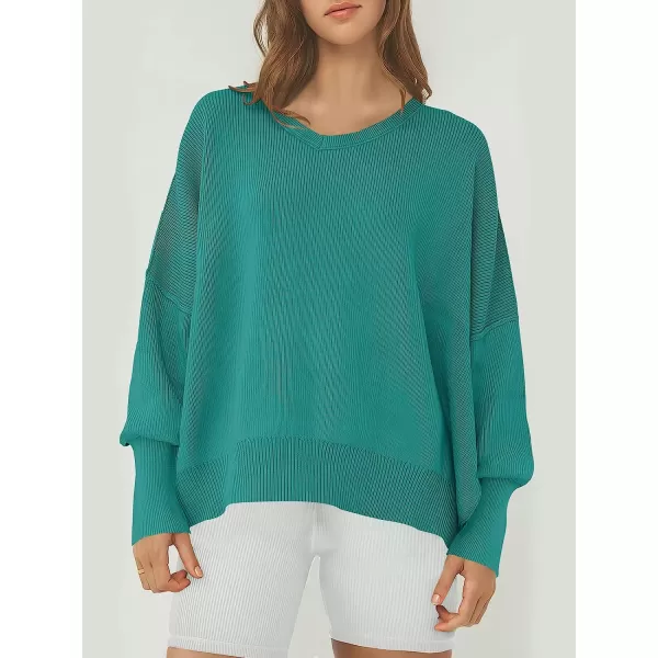 imageANRABESS Womens Casual Oversized Sweater V Neck Batwing Sleeve Side Slit Ribbed Knit Pullover Top 2023 Winter ClothesGreen Blue