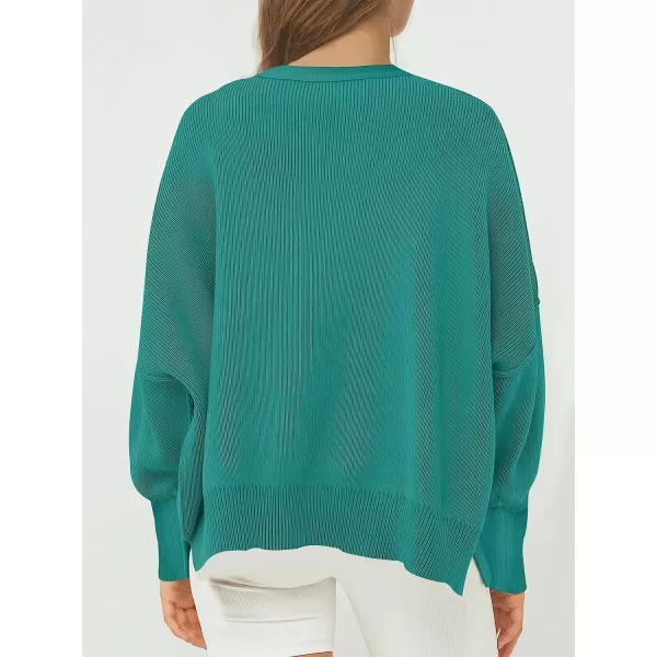imageANRABESS Womens Casual Oversized Sweater V Neck Batwing Sleeve Side Slit Ribbed Knit Pullover Top 2023 Winter ClothesGreen Blue