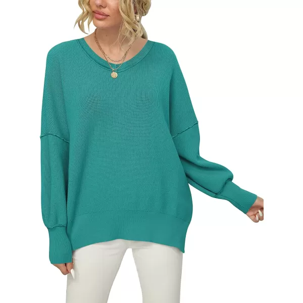 imageANRABESS Womens Casual Oversized Sweater V Neck Batwing Sleeve Side Slit Ribbed Knit Pullover Top 2023 Winter ClothesGreen Blue