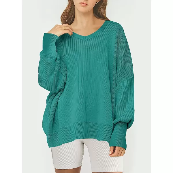 imageANRABESS Womens Casual Oversized Sweater V Neck Batwing Sleeve Side Slit Ribbed Knit Pullover Top 2023 Winter ClothesGreen Blue