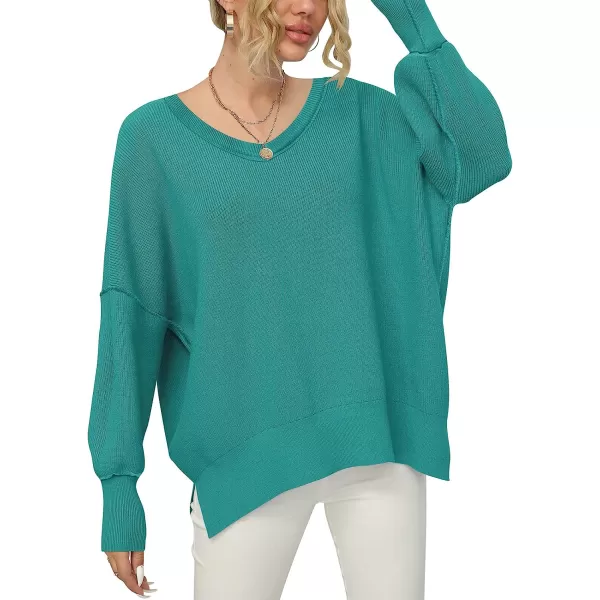imageANRABESS Womens Casual Oversized Sweater V Neck Batwing Sleeve Side Slit Ribbed Knit Pullover Top 2023 Winter ClothesGreen Blue
