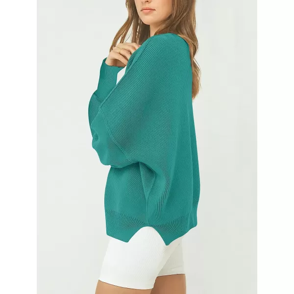 imageANRABESS Womens Casual Oversized Sweater V Neck Batwing Sleeve Side Slit Ribbed Knit Pullover Top 2023 Winter ClothesGreen Blue