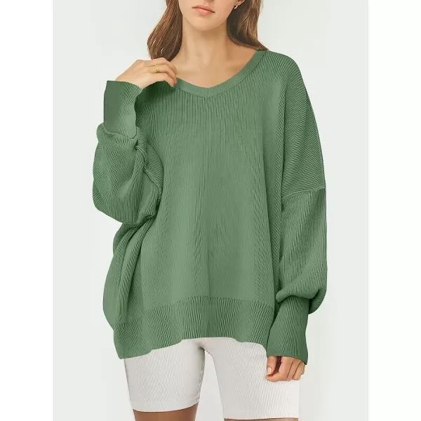 imageANRABESS Womens Casual Oversized Sweater V Neck Batwing Sleeve Side Slit Ribbed Knit Pullover Top 2023 Winter ClothesGreen Gray