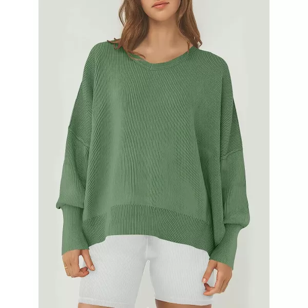 imageANRABESS Womens Casual Oversized Sweater V Neck Batwing Sleeve Side Slit Ribbed Knit Pullover Top 2023 Winter ClothesGreen Gray