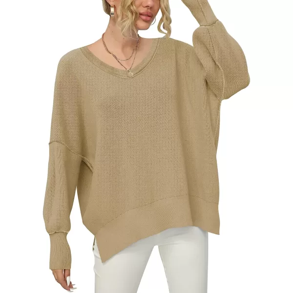 imageANRABESS Womens Casual Oversized Sweater V Neck Batwing Sleeve Side Slit Ribbed Knit Pullover Top 2023 Winter ClothesKhaki