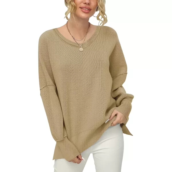 imageANRABESS Womens Casual Oversized Sweater V Neck Batwing Sleeve Side Slit Ribbed Knit Pullover Top 2023 Winter ClothesKhaki